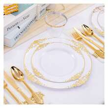 White Plastic Plates Disposable Set - 350pc Party Dinnerware, Includes Plates, Cutlery, Napkins, Cups For 50 Guests - Thanksgiving, Weddings, Events - 如圖/Y - 查看 3