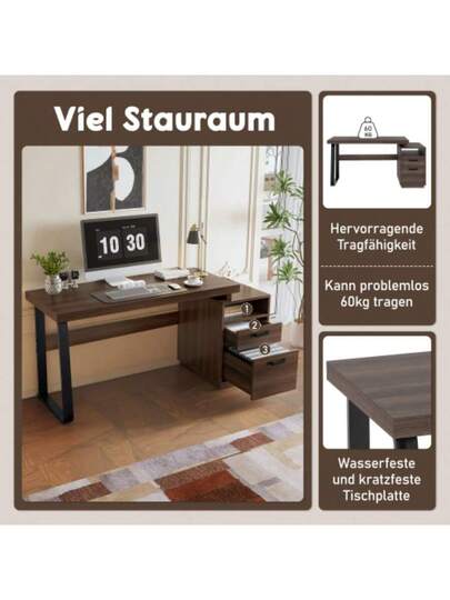 135 54 Cm Moderne Schreibtisch Im Minimalistischen Stil, MDF Schreibtischplatte Mit High Stahlrohr, Super Belastbar, Multifunctional Aufbewahrungs Geräuschlose Schublade, Ordnersch view 3