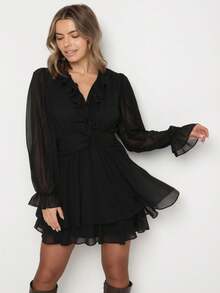 Flared Dress With Ruffles And Mesh Sleeves - Black - View 4