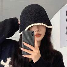 Women's Black Contrast Color Warm Bucket Hat With Ear Protection, Knitted Beanie For Autumn/Winter, Comfortable, Fashionable And Elegant Headwear Suitable For Daily Outdoor Wear