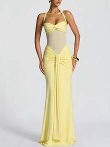 Women's New Mesh Splicing Temperament Fishtail Streamer Dress Skirt Repair Hip Dress Women - Yellow - View 2