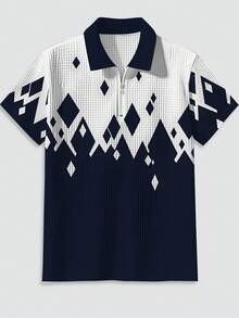 男士舒适休闲短袖华夫格针织 3D 钻石印花 Polo 衫，适合夏季商务/高尔夫/户外 - 彩色 - 查看 9