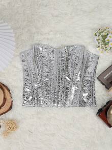 Punk Bạc Kim Loại Grommet Silicon Overbust Phối Ren Hở Lưng Da PU Boned Áo Định Crop Ống Top - Bạc - Xem 6