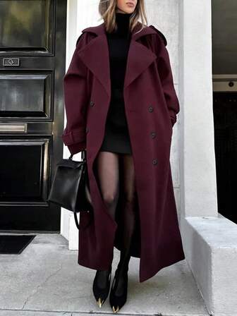 1pc Solid Color Woven Fabric Pocket Double Button Women Overcoat, Suitable For Office Wear In Autumn/Winter