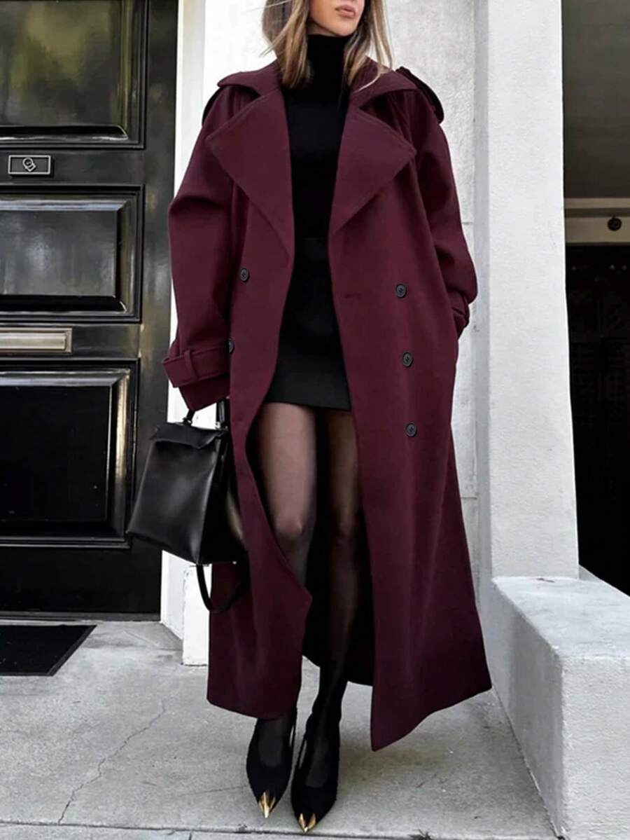 1 件纯色梭织面料口袋双扣女式大衣，适合秋冬季办公室穿着 - 酒紅色 - 查看 1