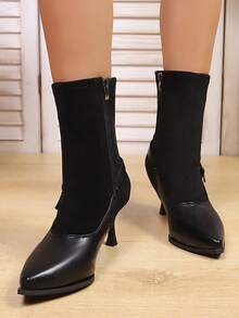 女士时尚踝靴，2025秋冬新款尖头拼接后跟带扣侧拉链弹力细跟踝靴，户外通勤复古优雅日常百搭时尚女靴，黑色，猫跟 - 黑色 - 查看 2