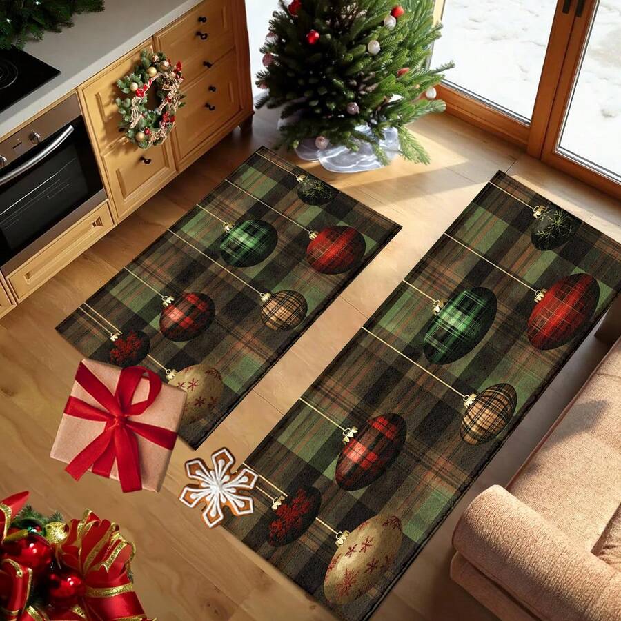 1pc Christmas Plaid & Colorful Christmas Ball Pattern Faux Wool Surface TPR Bottom Doormat, Bathroom Mat, Kitchen Mat, Laundry Room Mat, Holiday Decor, Home Decor, Party Decor, Wedding Decor, Dining Decor - Multicolor - View 1