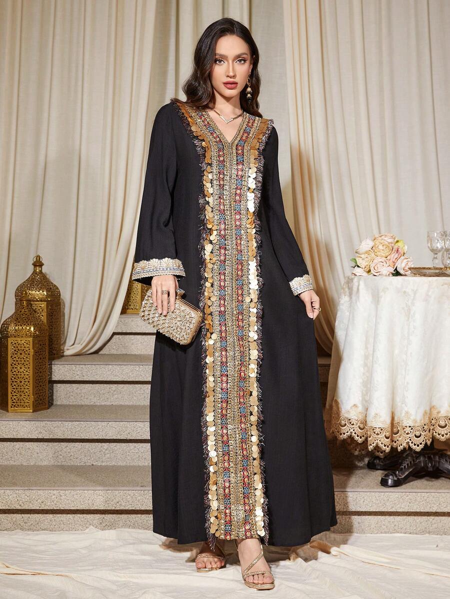 Bata suelta bordada con cuentas para mujer, color negro, para primavera - Negro - Ver 1