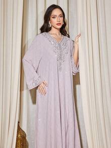 V-Neck Long Sleeve Beaded Pearls Rhinestones Embellished Vacation Dress - Pink - View 7