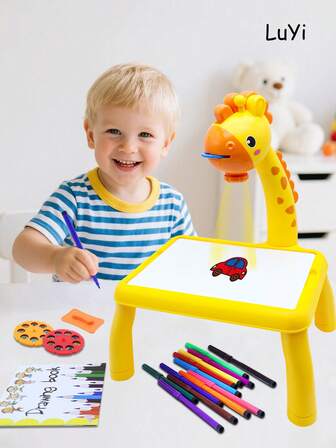 儿童投影绘画桌玩具套装（不含电池），可爱小鹿卡通多功能投影可擦写板，男孩女孩生日礼物，圣诞礼物