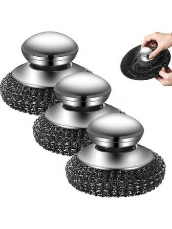 Saplı 4 Parça Paslanmaz Çelik Mutfak Tencere Fırçası Seti, Tencere ve Bulaşıklar İçin Yeniden Kullanılabilir Orta Sertlikte Çelik Yün Fırçalar, Ev ve Mutfak Kullanımı İçin Elektriksiz Manuel Temizleme Aleti