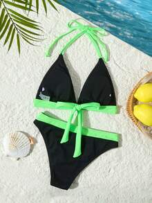 Stylish Halter Neck Bikini With Backless And Lace Up Details Black And Green Ribbed Swimsuit Set For Women Beach Vacation Summer - Black - View 6