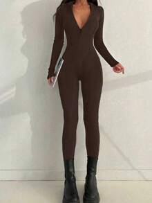 休闲运动百搭拉链设计圆领修身连体裤，秋季新品