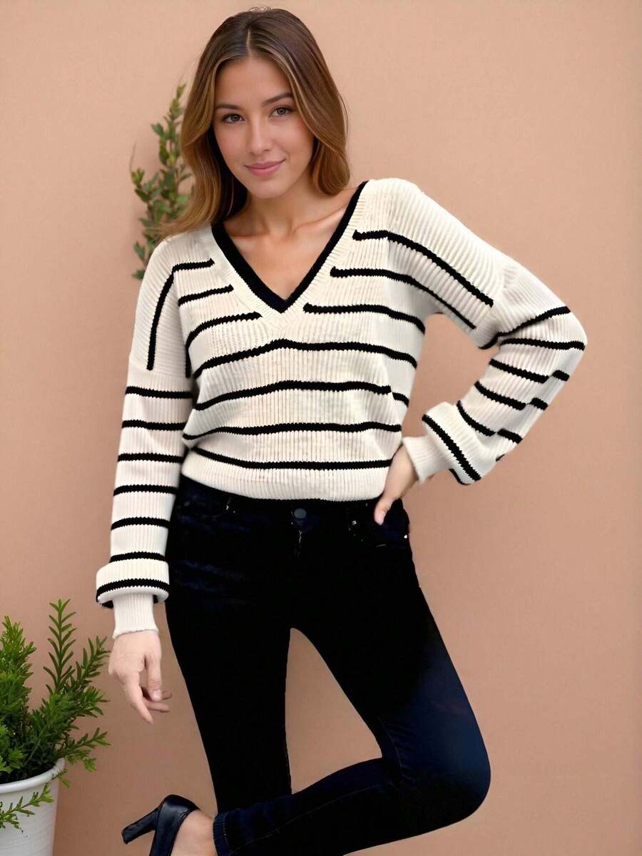 Womens Fall Knit Tops Stripe Print Loose Fit Long Sleeve V Neck Pullover Sweater - Khaki - View 1