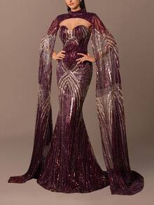 女士奢华高领两件套晚礼服，饰有串珠亮片，披肩袖，修身鱼尾廓形 - 非常适合婚礼、红毯活动、晚宴和晚会 - 中紫紅色 - 查看 4