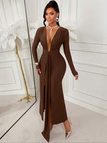 Amarilo Women's Autumn/Winter Fashionable And Sensual Party Dress Deep V-Neck, Long Sleeves With Overlay Details Fitted Waist With Side Slit Fishtail Hem Solid Colour Shiny Fabric Long Dress