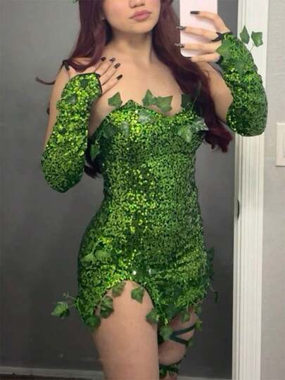 Deluxe Green Ivy Costume For Women, Sleeveless Fake Leaves Sequin Dress With Gloves Set
