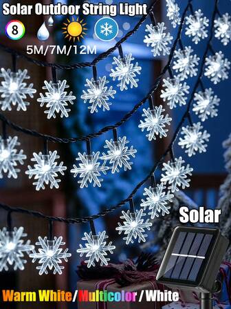أضواء سلسلة شكل نجمة الثلج الشمسية، 5م 20 مصباح / 7م 50 مصباح / 12م 100 مصباح، ديكورات عيد الميلاد، متعددة الألوان / أبيض دافئ / أبيض، 8 أوضاع إضاءة، مقاوم للماء للخارج ديكور حديقة احتفالي، جو رومانسي، للغرفة والفناء والشرفة والأعياد والحفلات وتزيين شجرة عيد الميلاد