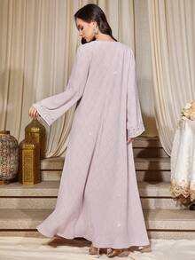 V-Neck Long Sleeve Beaded Pearls Rhinestones Embellished Vacation Dress - Pink - View 3