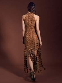 Sollinarry 女式新款无袖露背镂空流苏不对称下摆连衣裙，适合派对、新年、圣诞节穿着 - 卡其色 - 查看 5