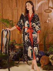 Oversized Retro Midi Length Elegant Fashion Printed Kimono Cover Up Outerwear, Suitable For Summer Beach Vacation, Tie-Waist Robe, Coverup, Lightweight Jacket