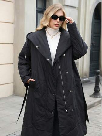 Astrid Elegant Plus Size Winter Coat With Hood Black Quilted Puffer Jacket With Zipper And Button Front Details