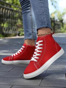 女士高帮运动鞋，经典高帮帆布鞋，系带女士时尚运动鞋 - 紅色 - 查看 5
