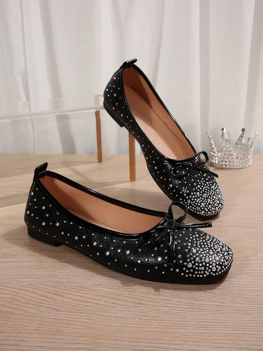 2025 Rhinestone Bow Decor Casual Flat Shoes, Fairy Style For Teens - Black and White - View 1