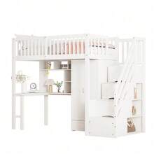 Loft Bed With Integrated Wardrobe, Desk, And Shelves: 90x200 Cm Multifunctional Wooden Bed Frame With Storage Stairs, Space-Saving Design, White - White + Solid Wood + 90cm*200cm-4 - View 5