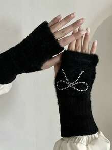 1 Pair Women's Fashion Plush Bow Rhinestone Half Finger Gloves, Versatile Casual Warm Winter Fingerless Gloves For Students, Office Work, Suitable For Cold Season,Festival,Party - Multicolor - View 7
