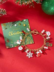 1 Stück modischer & weihnachtlicher Armschmuck mit Schneeflocke, Weihnachtsmann, Rentier, Perle & Kristall Dekor als Weihnachtsgeschenk für Frauen