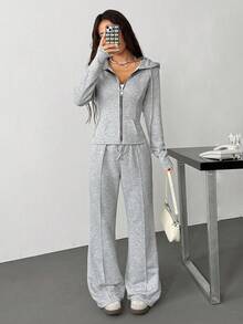 2 piezas Conjunto de sudadera con capucha para mujer con cremallera de color contrastante y cintura ceñida - Gris - Ver 2