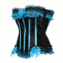 Jutrisujo Corsets For Women Tops Plus Size Stripe Lace Up Overbust Bustier ZipperLingerie Halloween Costumes - 8068-Light blue - 查看 4