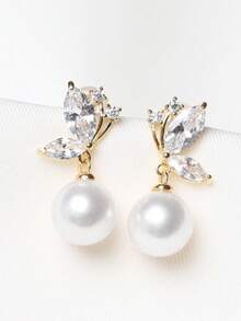 1 Pair Cubic Zirconia & Faux Pearl Stud Earrings, Fashionable For Teenage Girls, Suitable For Daily Wear, Party Jewelry Or Birthday Gift