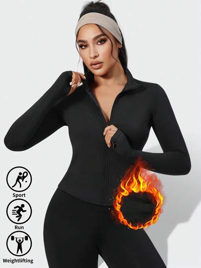 Jaqueta térmica de manga comprida com zíper e forro térmico para outono/inverno, cor sólida, corte slim, bainha em U, versátil para uso casual, ciclismo, atividades ao ar livre, ioga e muito mais