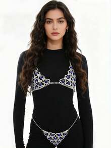 European And American Blue Crystal Bikini Set Party Necklace Body Chain Sexy Summer Beach Underwear Chain Wholesale