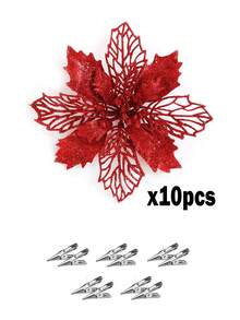 1/10 piezas Decoración de flores de Flor de Pascua con lentejuelas y clips, hojas de malla con brillo dorado rosa, flores de Flor de Pascua artificiales para árbol de Navidad, decoraciones navideñas y de Año Nuevo, flores de Navidad artificiales brillantes para árbol de Navidad dorado rosa, decoración de mesa de boda (Rojo)