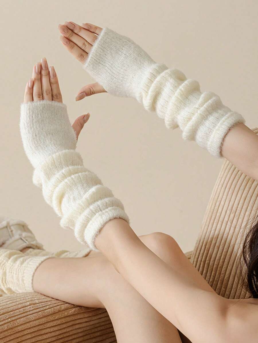 柔软针织保暖袖套，带拇指孔，蓬松保暖，适合寒冷天气，弹性好，Y2K日式长款露指手套 - 彩色 - 查看 1