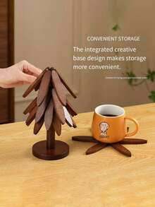 1 Set Of 5pcs Leaf-Shaped "Heat Insulation Tree" - Solid Wood Heat Insulation Pad, High Temperature Resistant Coaster, Wooden "Christmas Tree" Trivet, Pot Holder, Cup Coaster, Modern Minimalist Plate Mat, Ideal Gift For Halloween And Christmas - Multicolor - View 7