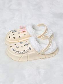 冬季保暖女童拖鞋，青少年毛绒花园鞋（尺码 30-37），舒适毛皮衬里防滑室内木屐儿童拖鞋，配有个性化鞋配件 - 米色 - 查看 5