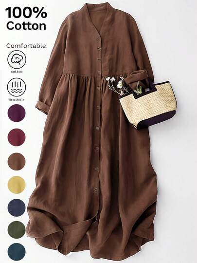 Women's V-Neck Open Front Casual Elegant 3/4 Sleeve Loose Midi Dress, Suitable For Spring And Autumn