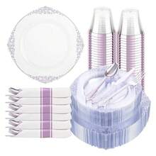 Clear Plastic Plates Disposable Set - 175pc Party Dinnerware For 25 Guests - As Picture/J - View 1