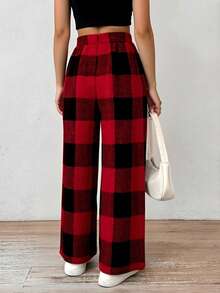 Womens Winter Plaid Pants Elastic Drawstring Waist Casual Loose Warm Wide Leg Trousers