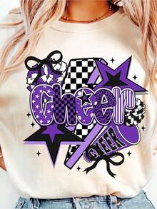 Men's & Women's Cheer Shirt - 100% Cotton Short Sleeve Tee With Cheerleader Squad Logo Print (Stars, Pom-Poms, Megaphone) - Preppy Cheer Mom/Dad Outfit, Mascot- Casual Wear For Cheerleading Season, Events & Competitions - D - Xem 1