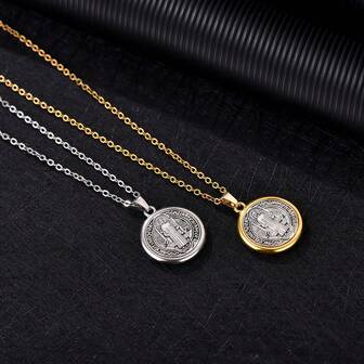 Vintage Two Small Size St. Benedict Medal Prayer Necklaces, Perfect Religious Communion Gift Latin Inscription Saint And Cross Jewelry For Women Men Christian Meditation Mardi Gras Day Year-Round Everyday Spiritual Retreat Accessory