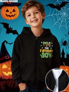 KID005/Chaqueta con capucha para niñosSudadera de capucha infantil con diseño de "I'M THE BIRTHDAY BOY" para fiestas y ocasiónes especiales, decorada con elementos festivos de Halloween - Negro - Ver 1