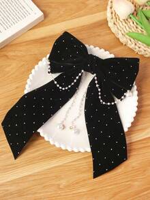 1pc Girls' Fashion Rhinestone Bow Pearl Pendant Decor Spring Clip (Random Pearl Quantity) - Black - View 3