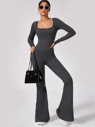 1 件女式纯色无缝圆领长袖连体裤，时尚户外蜜桃臀户外运动打底紧身衣