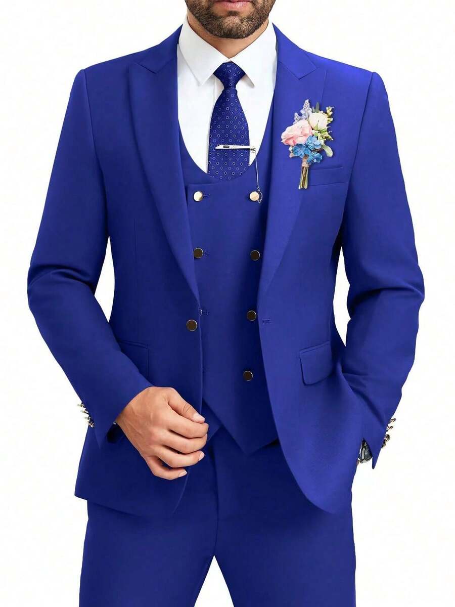 Mens Suit 3 Piece Slim Fit Double Breasted Vest Men's Suits Tuxedo Set Casual Jacket Blazer Vest Pants Groom Wedding - Xanh đậm - Xem 1