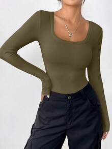 PRETTYGARDEN Women Spring And Fall Long Sleeve Shirts Clothes Cute Going Out Tops Ribbed Tight Fitted Plain Basic Tee Tshirts Vacation Outfits For Women - 軍綠色 - 查看 2